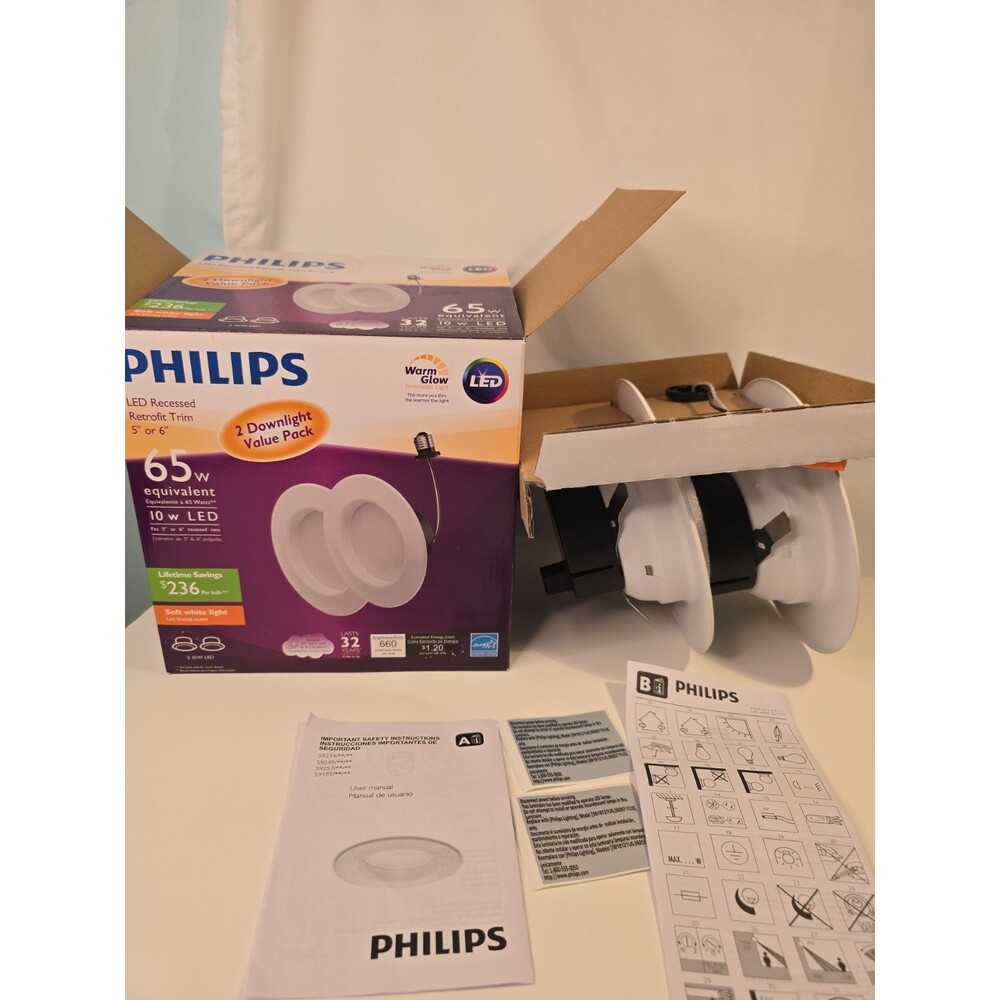 2 PK Philips 65W 10WLED, 5/6" Retrofit Downlight Soft White Recessed 660 Lumens